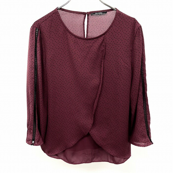 Rakuten - 【スーパーSALE★30%OFF★対象商品】【中古】[印象AB] Bershka ベルシュカ シフォントップス レディース M ボルドー 赤系 前身頃にノースリーブ裏地付き 薄手 ヒョウ柄風のドット柄 袖に一部編み上げ風レース 7分袖