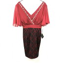 【新品/訳アリ】IMPERIAL - M レディース ワンピース 裏地付き カップ付き 両面Vネック ビーズ 花柄レース 半袖 レッド×ブラック 赤