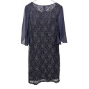 【中古】花柄レースワンピース 裏地付き シフォン生地のハンカチスリーブ ロング 背中ファスナー ポリ100% M ネイビー 紺 レディース