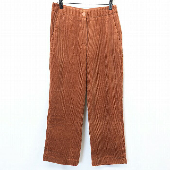 【中古】SCHON - S レディース 女性 コーデュロイ ワイド パンツ ボトムス ストレート 無地 ジップフライ ロング 綿100% コットン ブラウン 茶色