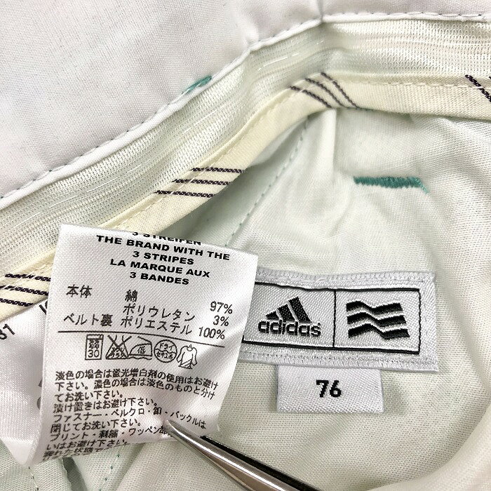 【当店スーパーSALE!! ＼★半額★／対象商品|3月4日(水)20時00分〜3月11日(水)01時59分まで】【中古】adidas アディダス 76 メンズ ゴルフ パンツ 若干フレア チェック ロゴ刺繍 メッシュポケット ジップフライ 綿×ポリウレタン グリーン 緑