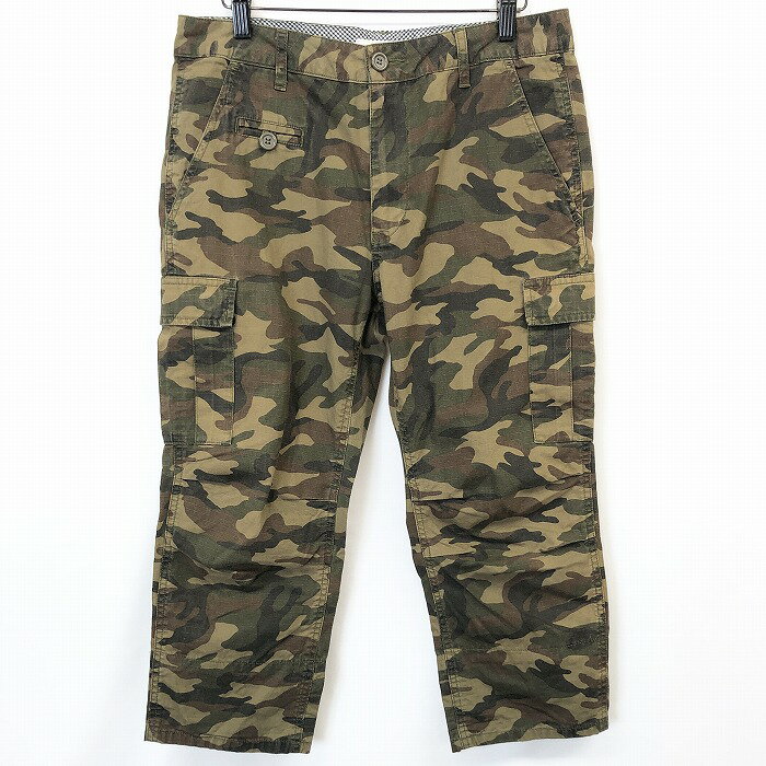 乐天商城 - 【中古】[印象AB] (株)サンマリノ カーゴパンツ メンズ L 緑×茶×黒 綿100% ジップフライ クロップド リップストップ 迷彩柄 テーパード