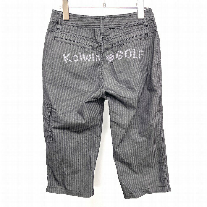 乐天商城 - 【中古】[印象B] Kolwin コルウィン クロップドパンツ レディース 9号 M チャコールグレー系 綿×ポリエステル×ポリウレタン ヒップに英字とハートのロゴプリント ジップフライ 少しテーパード 若干薄手 ゴルフ ストライプ