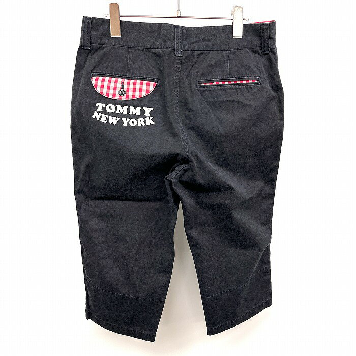 Rakuten - 【スーパーSALE★35%OFF★対象商品】【中古】[印象B] TOMMY トミー クロップドパンツ メンズ M ダークネイビー(黒？)×レッド 濃紺 綿100% ロゴ刺繍 裾にチェック柄裏地 テーパード ジップフライ