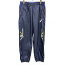 【中古】アシックス 薄手の中綿入り パンツ 裾にゴムとジップ ウエスゴムと紐 プリント テーパード スポーツ ポリ100% L ネイビー 紺×青 メンズ