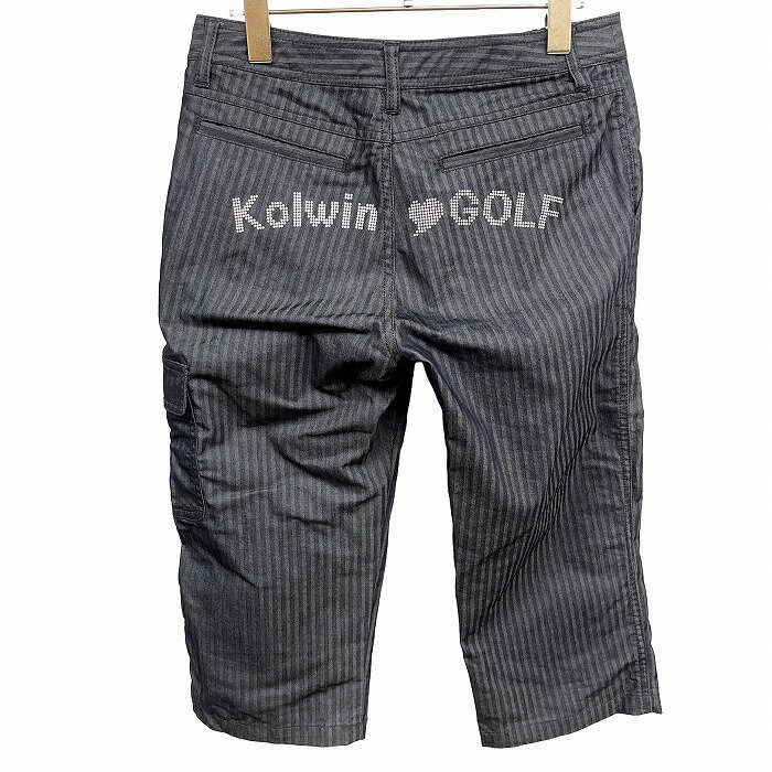 Rakuten - 【中古】[印象AB] Kolwin コルウィン クロップドパンツ レディース L (11号) ネイビー 紺×白 綿×ポリなど 左ももにポケット 若干テーパード ジップフライ わずかにストレッチ ゴルフ ヘリンボーンストライプ プリント ハート