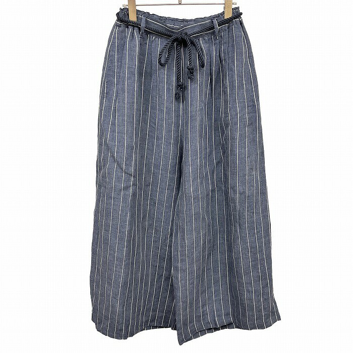 樂天商城 - 【中古】[印象A] Maison de Beige メゾンドベージュ パンツ レディース 2 ネイビー 紺×白 麻×レーヨン 紐ベルト脱着可 ファスナーなど無し フロントポケットあり バックポケットあり ワイド ストライプ ストレート
