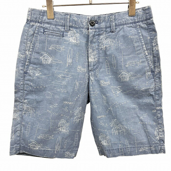 【中古】ギャップ GAP テーパードショーツ ショートパンツ ハーフパンツ 海 ヤシの木 船 ハワイ HAWAII 綿100% 28 ヘザーブルー 杢青×白 メンズ