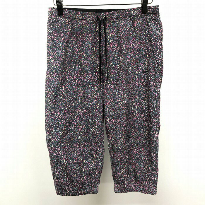 【中古】[印象AB] NIKE ナイキ クロップドパンツ ジョガーパンツ ハーフパンツ ウエストにゴムと紐 裾ゴム 前立て無し ロゴプリント バックポケット無し 薄手 モザイク柄 メッシュ裏地 ポリ100% M ピンク×緑×青系×黒 レディース