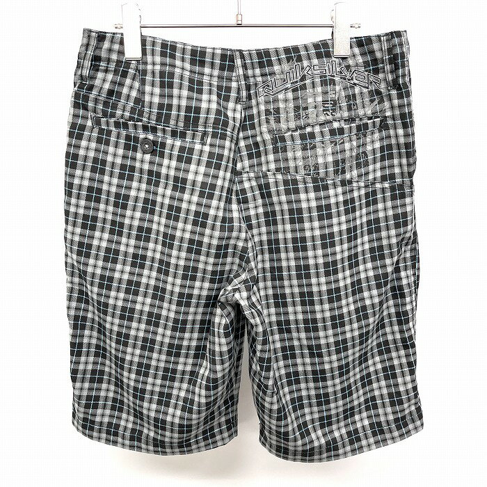 Short, Half Pants - 【中古】QUIKSILVER クイックシルバー テーパードショーツ ショートパンツ ハーフパンツ ロゴ刺繍 ジップフライ チェック プリント ポリ×ビスコース 30 ブラック×グレー×ブルー メンズ