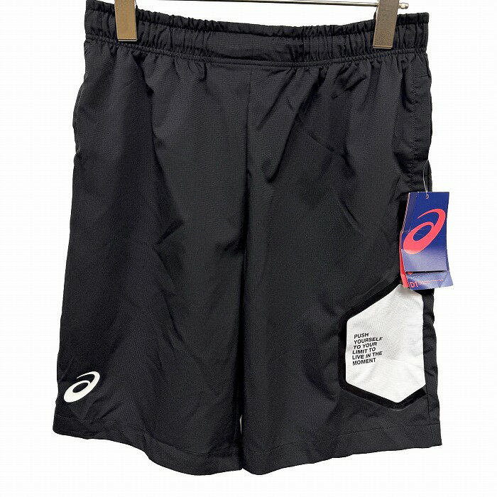 【新品】アシックス 薄手 LIMOストレッチクロスハーフパンツ 前閉じ プリント 英字 ウエストゴムと紐 ポリ100 M ブラック 黒×白 メンズ