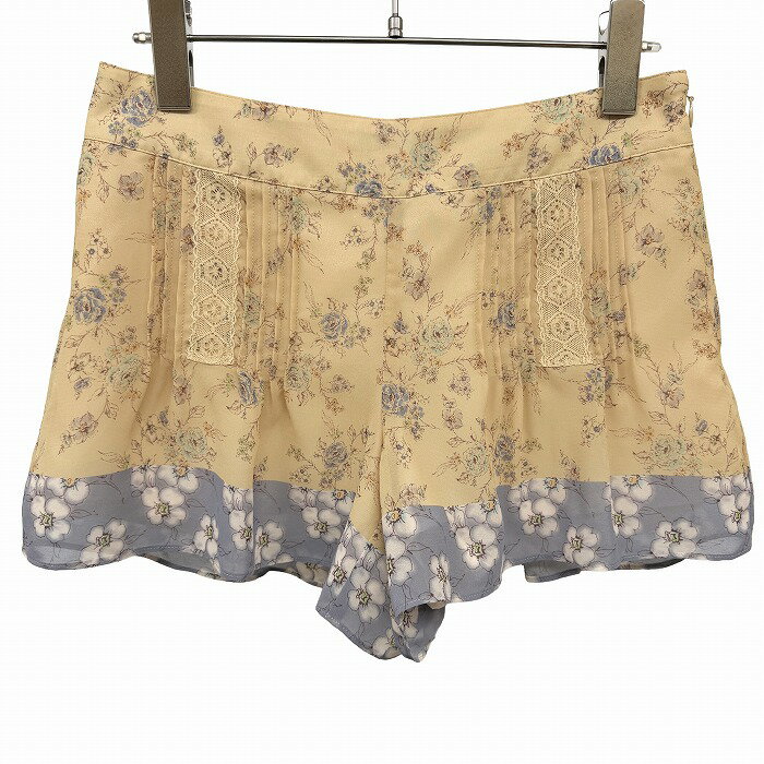【中古】 印象A JILL STUART ジルスチュアート シフォンショーツ ショートパンツ ミニキュロットパンツ レディース P ベージュ ベージュ×紺×緑×橙×白 ポリエステル100 薄手 古着 ピンタック サイドファスナー 裏地付き 花柄 中国製