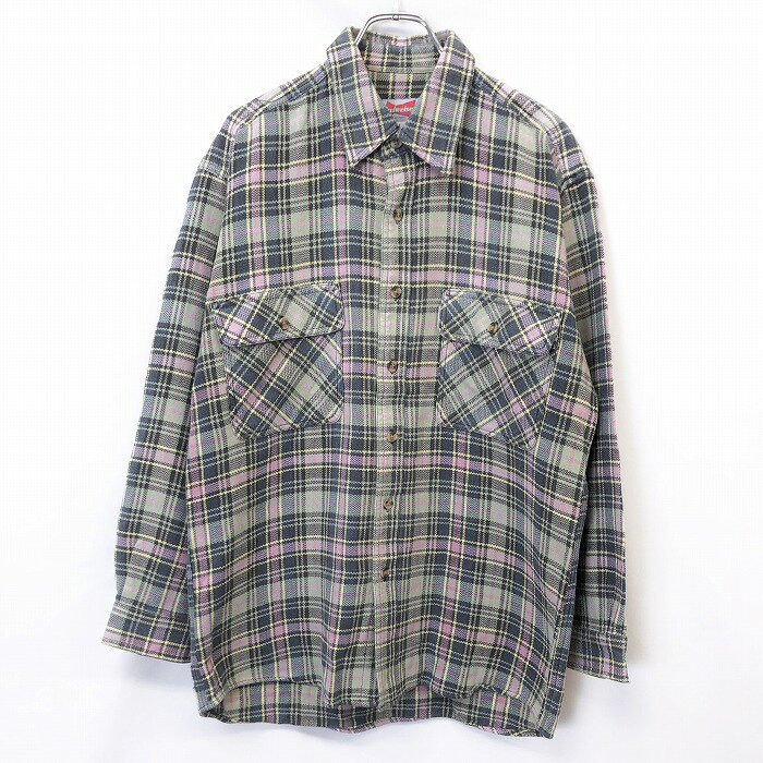 【中古】Budweiser バドワイザー L メンズ 男性 ネルシャツ チェック 長袖 両胸ポケット 綿100% コットン ピンク×グリーン×ネイビー×イエロー