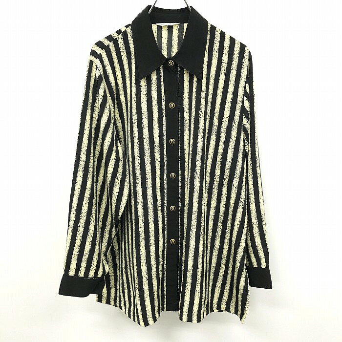 Long-Sleeved - 【スーパーSALE★30%OFF★対象商品】【中古】[印象AB] プレンタン シャツ レディース アイボリー系×ブラック ポリ100% ポケット無し クレリック アート柄 ストライプ 裾の両サイドに長めのスリット 長袖