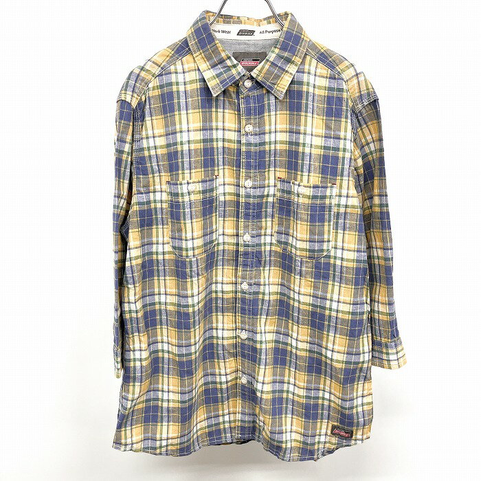 【中古】Dickies ディッキーズ L メンズ 男性 シャツ チェック 7分袖 両胸ポケット 綿×麻 ネイビー×グリーン×イエロー×ホワイト 紺×緑×黄×白