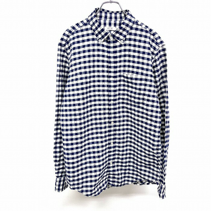 【開催予定＼Black Friday|ブラックフライデー|11/20(木)20時00〜／期間中使える最大2千円OFFクーポン配布中】【中古】KOE コエ LL XL レディース 女性 シャツ チェック 着丈長め ボタンダウン 長袖 ロングスリーブ 胸ポケット 綿×麻 ネイビー×ホワイト 紺