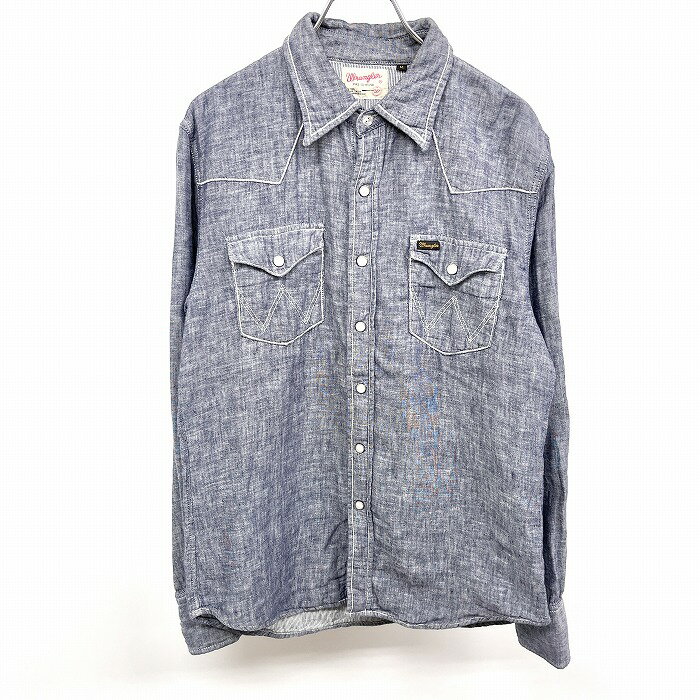 ＼楽天スーパーSALEスタート!!／期間中使えるクーポン配布＆ランク別PT最大10倍■□ラングラー Wrangler ダブルガーゼシャツ ウエスタン 長袖 ドットボタン留め 内側がストライプ 綿×麻 M ヘザーブルー 杢青 メンズ