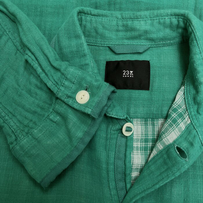 【開催予定＼Black Friday|ブラックフライデー|11/20(木)20時00〜／期間中使える最大2千円OFFクーポン配布中】【中古】23区 HOMME ダブルガーゼシャツ 内側がチェック柄 パラシュートボタン ホリゾンタルカラー 長袖 綿100% 46(C88-94) グリーン メンズ