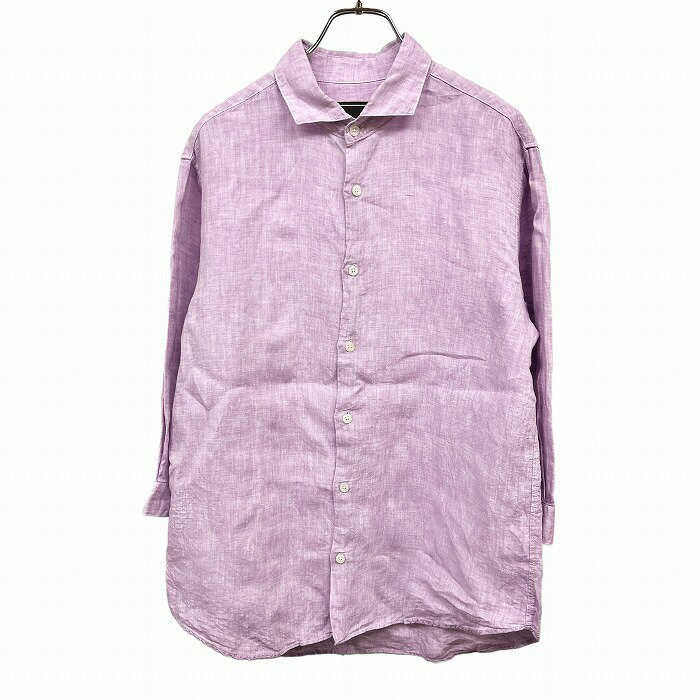 【中古】クワン QWAN シャツ ワイドカラー 7分袖 無地 フレンチフロント ポケット無し 日本製 麻100 リネン100 XL LL ヘザーパープル 杢紫 メンズ