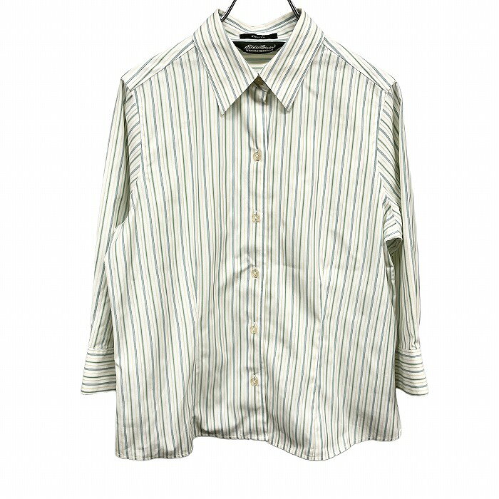 樂天商城 - 【スーパーSALE★半額★対象商品】【中古】[印象AB] Eddie Bauer エディーバウアー シャツ レディース S グリーン 緑×青×ベージュ×白 綿×ダウXLA ストライプ ポケット無し 7分袖
