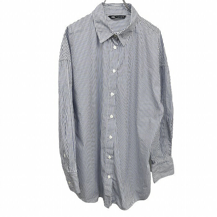 樂天商城 - 【中古】[印象A] ZARA ザラ シャツ レディース L ネイビー 紺×白 綿100% コットン100% ストライプ ポケット無し 長袖 ロングスリーブ