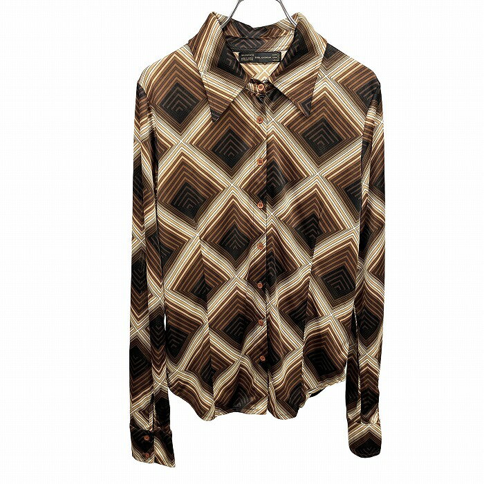 樂天商城 - 【中古】[印象AB] ZARA KNITWEAR ザラ カットソーシャツ レディース L ブラウン 茶×白 ポリ100% 総柄 四角形 ダイヤ柄 スリムフィット 長袖 ポケット無し