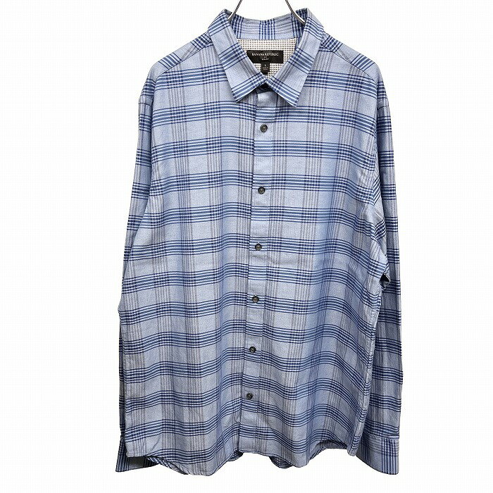 Rakuten - 【中古】[印象A] BANANA REPUBLIC バナナリパブリック シャツ メンズ L ブルー 青 綿100% チェック×ヘリンボーン ポケット無し 長袖 レギュラーカラー