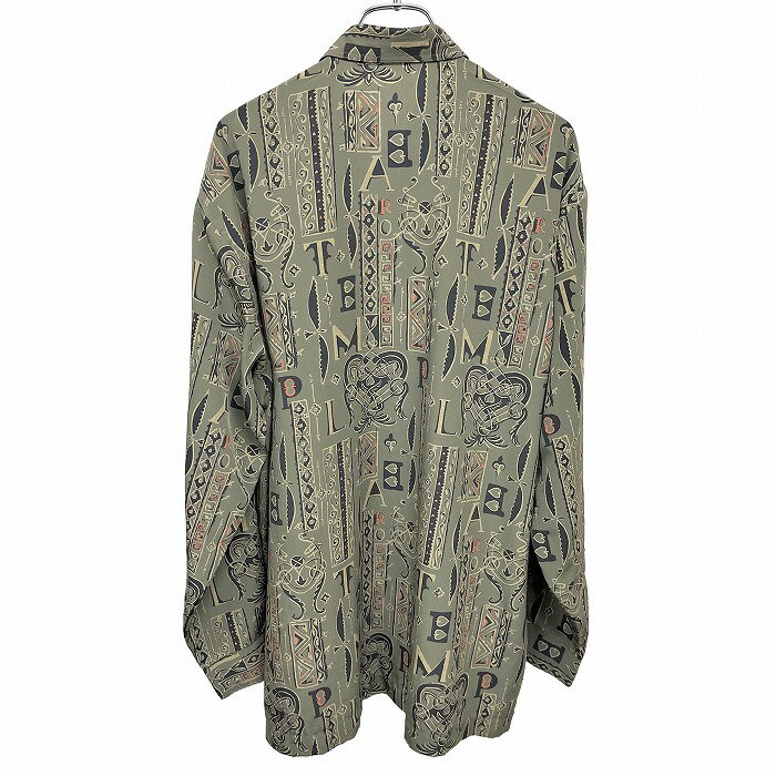 【中古】NEWTON 総柄シャツ 英字 民族柄 長袖 ボックスカット 胸ポケット 日本製 ポリ100% L グリーン 緑×ベージュ×オレンジ×黒 メンズ