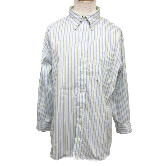 【中古】[印象AB] LANDS END ランズエンド シャツ メンズ [15_1/2-31/REGULAR] 紺×緑×白 綿100% コットン100% ストライプ柄 ボタンダウン 長袖 ホンジュラス製 古着 胸ポケット付き ロングテール ロングスリーブ