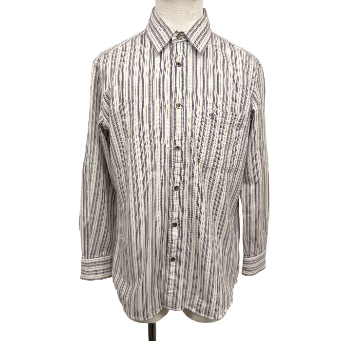 【中古】[印象AB] THE SCOTCH HOUSE ザ・スコッチハウス 微起毛シャツ メンズ M パープル 紫×茶系×生成り 綿×アクリル×キュプラ ストライプ柄 レギュラーカラー 長袖 ベトナム製 古着 胸ポケットにロゴ刺繍 ロングスリーブ