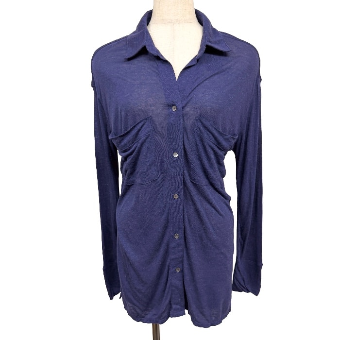 【新品】[印象N] AZUL by moussy アズールバイマウジー とろみカットソーシャツ タイトフィット スリムフィット オープンカラー 開襟 レディース S ネイビー 濃紺 レーヨン×麻 薄手 無地 長袖 中国製 両胸ポケット 裾の両サイドにスリット