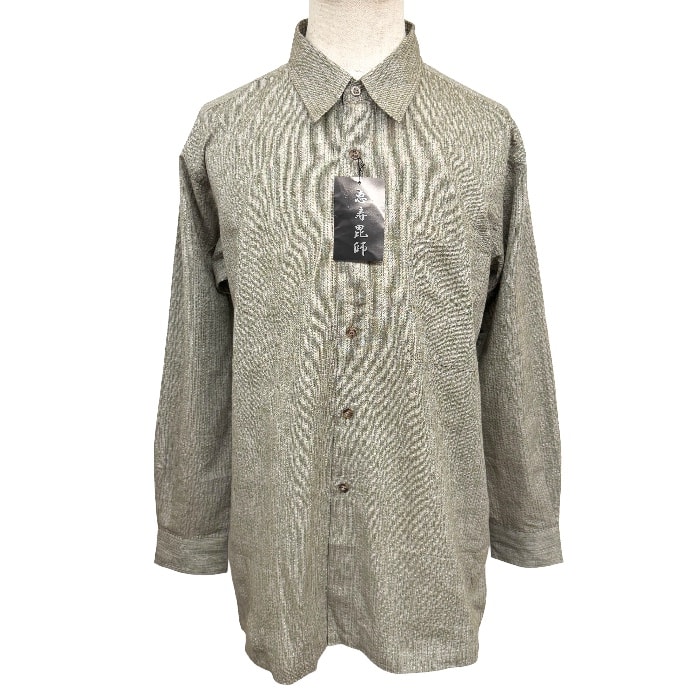 【新品/訳アリ】[印象NB] 恵寿毘師 シャツ メンズ L グリーン 緑×ベージュ×こげ茶 綿×麻 コットン×リネン ストライプ柄 レギュラーカラー 長袖 中国製 胸ポケット付き ボックスカット 細かくクレープ感のある生地 ロングスリーブ