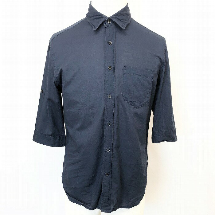 【中古】RAGEBLUE レイジブルー M メンズ 男性 薄手 5分袖シャツ ワイヤー襟 前立て裏とカフス裏にストライプテープ 胸ポケット 綿100% ネイビー 紺