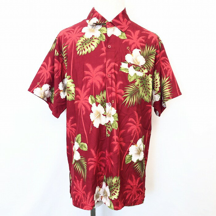 Rakuten - 【スーパーSALE★30%OFF★対象商品】【中古】[印象A] Barefoot Attitude 半袖シャツ メンズ M レッド 赤 TERIVOILE100% 薄手 アロハ ハイビスカス ヤシ レギュラーカラー 胸ポケット