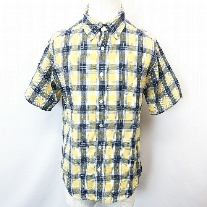 乐天商城 - 【中古】[印象A] Eddie Bauer エディーバウアー シャツ メンズ S イエロー 黄色 綿100% チェック ボタンダウン 半袖 胸ポケット付き ラウンドテール