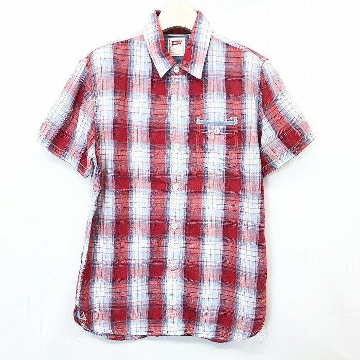 【中古】LEVI'S リーバイス S メンズ 男性 若干薄手 ガーゼシャツ チェック 猫目ボタン 半袖 胸ポケット 綿100% コットン レッド×ブルー 赤×青