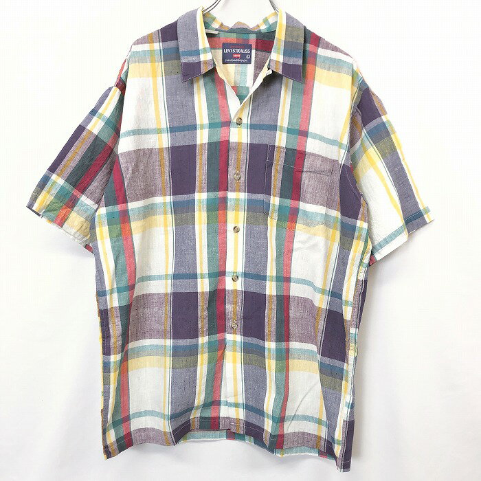 【全品ポイント10倍|開催中|〜06/27(金)01:59まで\6月お買い物マラソン/100円〜2,000円OFFクーポン配布中】【中古】LEVI'S リーバイス L メンズ オープンカラー シャツ チェック 半袖 胸ポケット ボックスカット 綿100% 紫×ピンク×緑×黄×オフホワイト