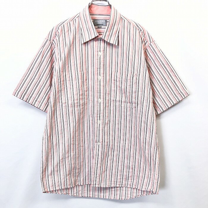 【全品ポイント10倍|開催中】＼お買い物マラソン／ 100〜2,000円OFFクーポン配布中＆全品ポイント10倍// 【中古】YUKI TORII HOMME ユキトリイオム L メンズ クレープ シアサッカー シャツ ストライプ 半袖 綿100% オレンジ×ピンク×紫×ベージュ×緑