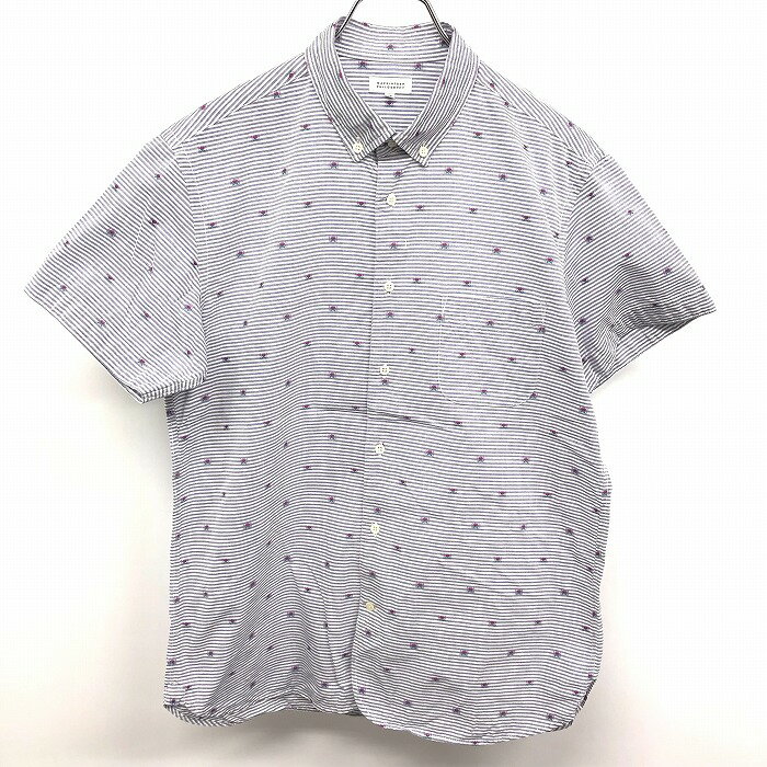 樂天商城 - 【中古】[印象AB] MACKINTOSH PHILOSOPHY マッキントッシュ シャツ メンズ 38 ネイビー×パッションピンク×グリーン 紺 綿100% ボタンダウン 胸ポケット付き ロングテール ボーダー×花柄 半袖