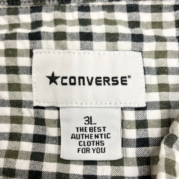 ＼9/11(日)02時まで!!楽天スーパーSALE／最大2,000円OFFクーポン★☆【中古】CONVERSE コンバース 3L 2XL メンズ クレープシャツ チェック ボタンダウン 半袖 綿100% グリーンカーキ×ブラック×ホワイト 緑系×黒×白