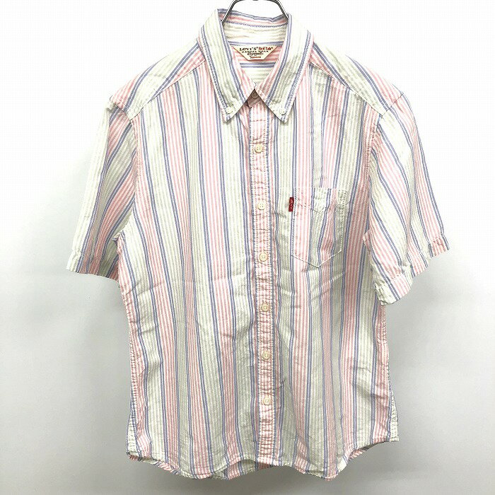 【中古】Levi's RED TAB リーバイス レッドタブ M メンズ 男性 シャツ ストライプ ボタンダウン 半袖 綿100% グリーン×ピンク×ネイビー×ホワイト