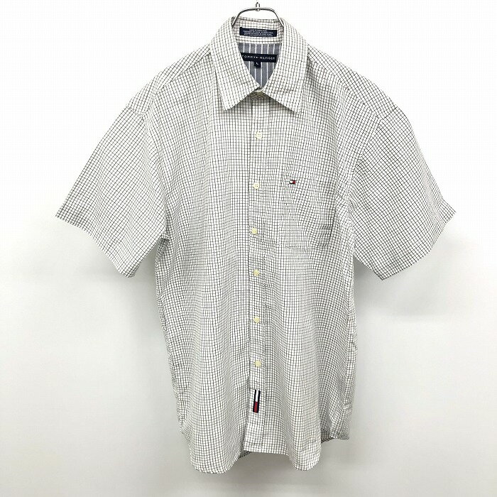 Rakuten - 【スーパーSALE★35%OFF★対象商品】【中古】[印象AB] TOMMY HILFIGER トミーヒルフィガー シャツ メンズ L ホワイト×グレー×ブラック 白 綿100% 胸ポケット付き インポート古着 グラフチェック ロゴ刺繍 半袖