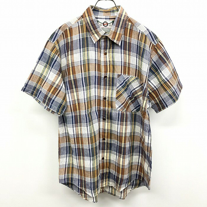 樂天商城 - 【中古】[印象A] SEAHOP シーホップ シャツ メンズ M ブラウン×ブルー×グリーン×ホワイト×イエロー 綿100% チェック 半袖 胸ポケット ロングテール