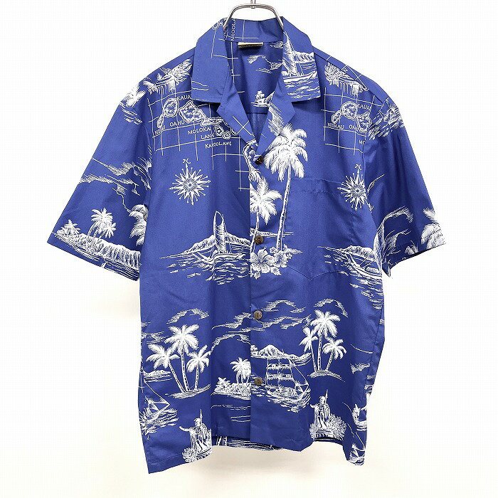 乐天商城 - 【中古】[印象AB] ROYAL CREATIONS HAWAII ロイヤルクリエーションズ ハワイ シャツ メンズ S 青 オープンカラー 胸ポケット フレンチフロント ボックスカット アロハ柄 カメハメハ大王 地図 ヨット ヤシの木 半袖