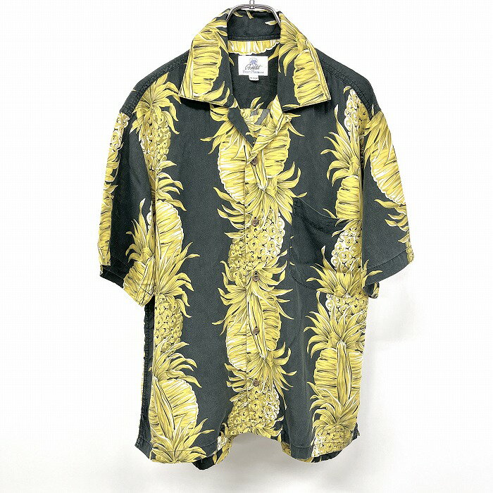 Bullit - M メンズ アロハシャツ パイナップル柄 オープンカラー 半袖 胸ポケット ボックスカット レーヨン100% ブラック系×イエロー 黄色