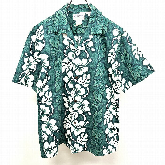 【楽天スーパーSALE限定!! ＼★30%OFF★／対象商品|12月4日(木)20時00分〜12月11日(木)01時59分まで】【中古】KY'S INTERNATIONAL FASHION - S メンズ オープンカラーシャツ アロハ柄 花柄 半袖 ボックスカット ハワイ製 綿100% グリーン×ホワイト 緑