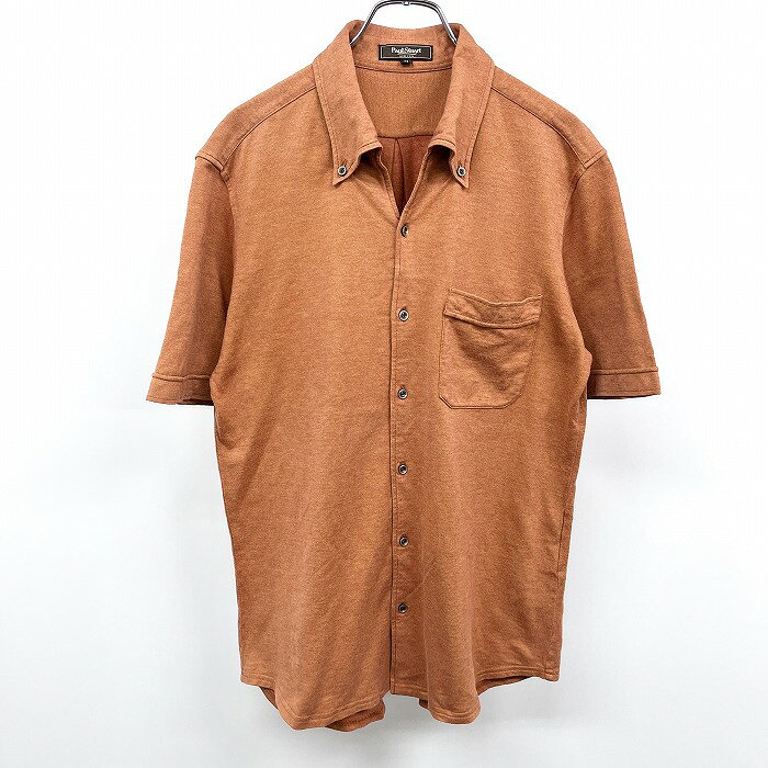 樂天商城 - 【中古】[印象B] Paul Stuart ポールスチュアート スキッパーカットソーシャツ メンズ M ヘザーブラウン 杢茶色 綿100% フレンチフロント 胸ポケット付き オープンカラー 半袖 ボタンダウン 鹿の子 無地