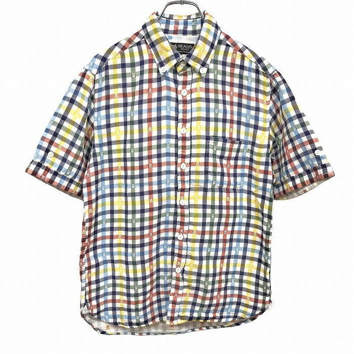 乐天商城 - 【中古】[印象AB] BEAMS HEART ビームスハート ダブルガーゼシャツ ロングテール 猫目ボタン 胸ポケット付き 半袖 チェック×スカル柄 ボタンダウン 綿100% S マルチカラー 白×紺×黄×緑×茶 メンズ
