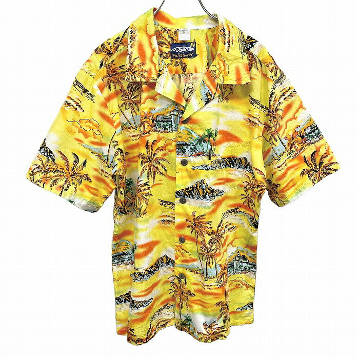 【全品ポイント10倍|〜04/17(木)09:59\4月お買い物マラソン第二弾 開催中/最大2,000円OFFクーポン配布中】【中古】パルムウェーブ ハワイ Palmwave Hawaii オープンカラーシャツ アロハ柄 ヤシの木 半袖 綿100% M イエロー 黄×オレンジ×緑×水色 メンズ