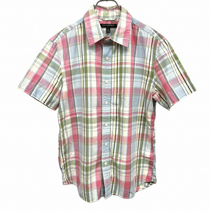 【もうすぐ終了|全品ポイント10倍|SALE商品多数|明後日06/11(水)01:59まで＼6月楽天スーパーSALE／クーポン配布中】【中古】バナナリパブリック BANANA REPUBLIC シャツ チェック ポケット無し 半袖 綿100% コットン100% M ピンク ピンク×緑×黄×紺×白 メンズ